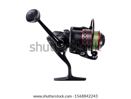 Fishing tackle. Fishing reel with the line isolated on white background with clipping path. Modern fishing reel isolated. Empty space. Copy space. Mockup