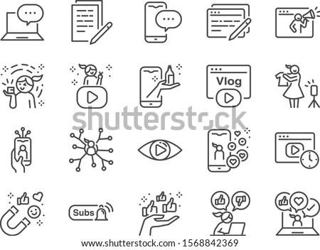 Micro influencer and blog line icon set. Included icons as reviews, social media, advertisement, view rates, like, vlog and more. Royalty-Free Stock Photo #1568842369