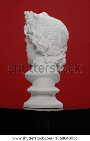 White plaster statue of a bust of Apollo Belvedere on a red background