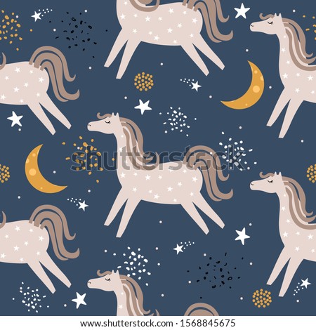 Horses, hand drawn backdrop. Colorful seamless pattern with animals, moon, stars. Decorative cute wallpaper, good for printing. Overlapping colored background vector. Design illustration