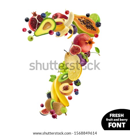 Number 7 made of exotic berries and fruits, healthy food font symbol isolated on white background with clipping path