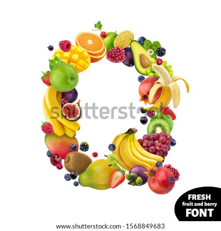 Letter Q made of fresh and healthy food ingredients, fruit font symbol isolated on white background with clipping path