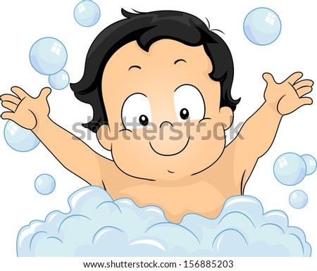 Illustration of a Young Boy Happily Taking a Bubble Bath