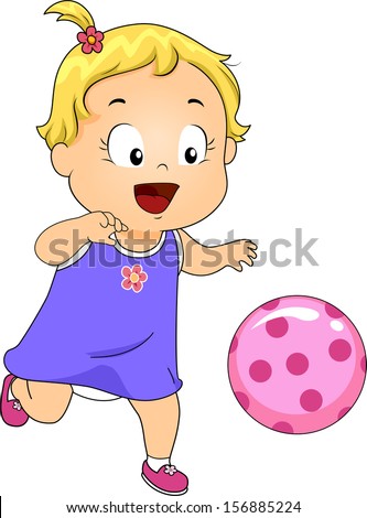 Illustration of a Baby Girl Happily Playing with a Pink Ball
