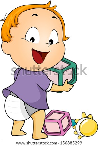 Illustration of a Baby Boy Playing with Wooden Blocks and a Rattle