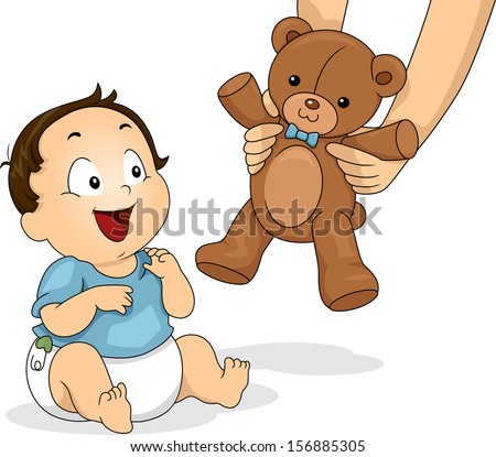 Illustration of a Baby Boy Delighted to be Handed a Teddy Bear