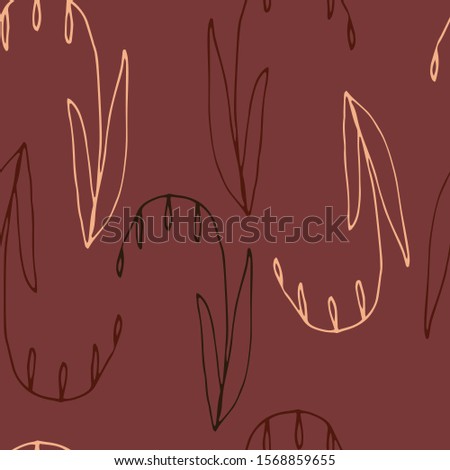 Floral seamless pattern in line art style.  Abstract botanical print of flowers, leaves, twigs.Textile design texture. Spring blossom background. Vector illustration. 