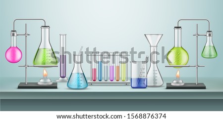 Laboratory flasks with pipes. Chemical or chemistry lab with tubes and heating fire. School experiment. Glassware connected containers for reaction. Biology test and education table, pharmacy,medicine