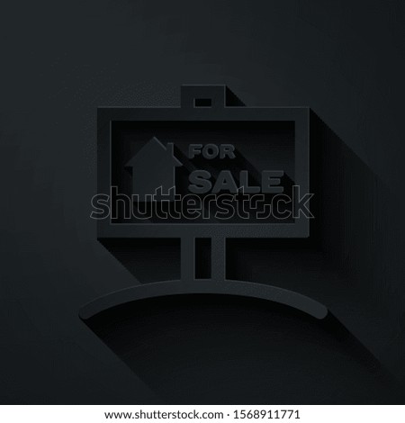 Paper cut Hanging sign with text For Sale icon isolated on black background. Signboard with text For Sale. Paper art style. Vector Illustration