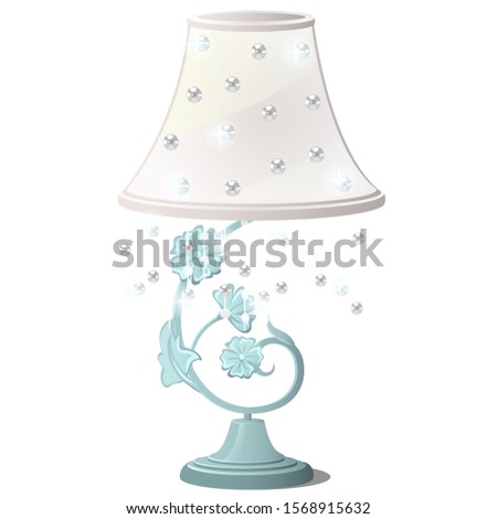 Elegant vintage table lamp with stand in the form of sparkling flowers and pendants isolated on a white background. Vector cartoon close-up illustration