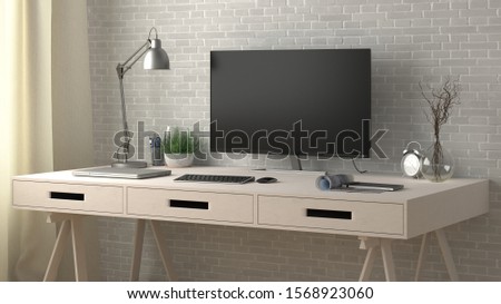 Desk with computer monitor. Workplace in the studio or at home with white brick wall. Clipping path around display. 3d illustration