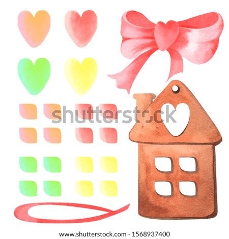 Gingerbread. house with candy windows. Watercolor hand draw. set of Christmas isolated elements. red ribbon and bow. decoration spice-cake. homemade cookies for Christmas. Easter cakes