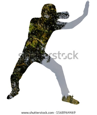 silhouette of man photographer on white background, double multiple exposure effect,combined images