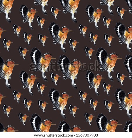 Bird: Eurasian Hoopoe. Upupa epops colorful pattern with birds. Hoopoes background. Spring, summer floral design for web, wrapping paper, cover, textile, fabric, Wallpaper, web Illustration
