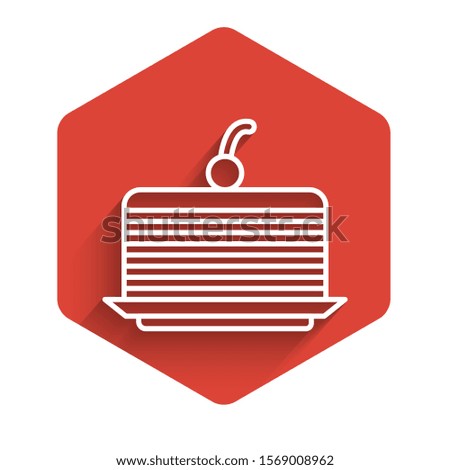 White line Cake icon isolated with long shadow. Happy Birthday. Red hexagon button. Vector Illustration