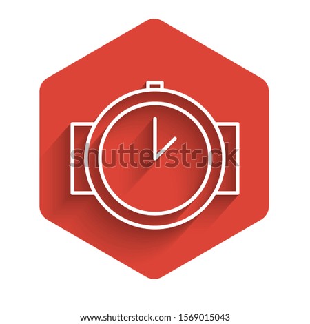 White line Diving watch icon isolated with long shadow background. Diving underwater equipment. Red hexagon button. Vector Illustration