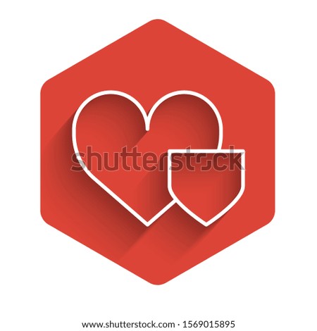White line Heart with shield icon isolated with long shadow. Love symbol. Insurance concept. Security, safety, protection, protect concept. Red hexagon button. Vector Illustration