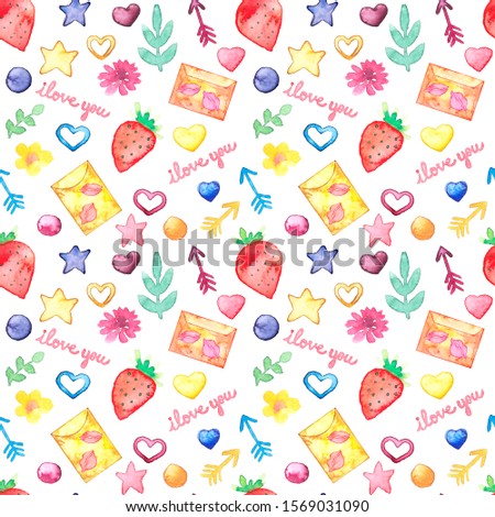 Romantic colorful seamless pattern with hearts, arrows, kiss, strawberry and flowers on white. Valentines day seamless background.
