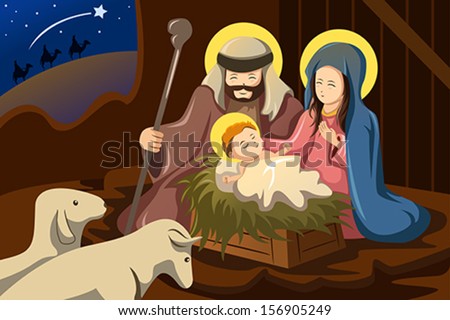 A vector illustration of Joseph, Mary and baby Jesus for nativity concept