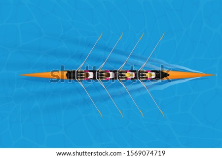Four Racing shell with mixed paddlers for rowing sport on water surface. Four paddlers skull rowing mixed race. Woman and Man and inside boat. Top view. Vector Illustration Royalty-Free Stock Photo #1569074719