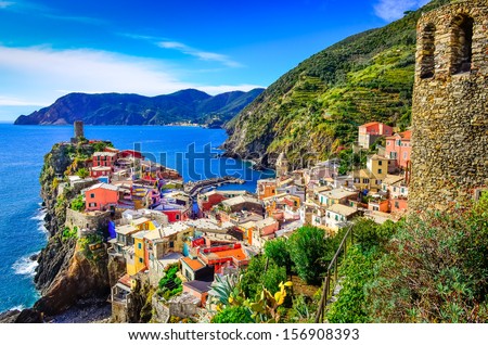 Scenic view of colorful village Vernazza and ocean coast in Cinque Terre, Italy Royalty-Free Stock Photo #156908393