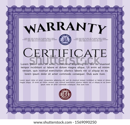 Violet Formal Warranty Certificate template. Sophisticated design. Customizable, Easy to edit and change colors. With guilloche pattern. 