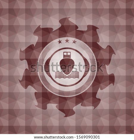 ship icon inside red seamless emblem with geometric pattern.