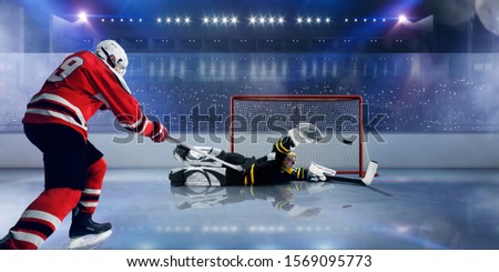 Ice hockey players on pofessional ice stadium.
