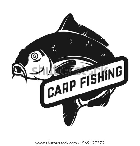 Carp fishing. Emblem template with carp fish. Design element for logo, label, sign, poster. Vector illustration