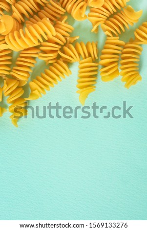 pasta Rotini, fusilli, radiatori (set of ingredient, raw pata italian). top food background. copy space