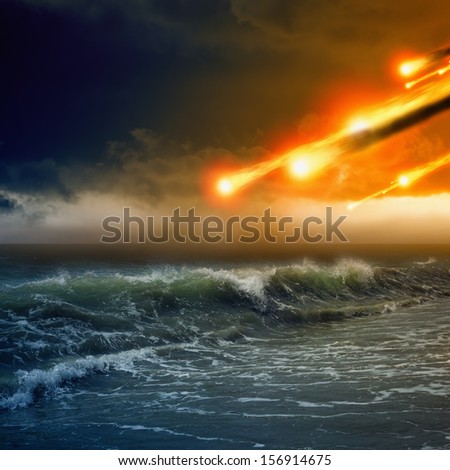 Abstract dramatic background - asteroid impact, meteorite impact, stormy sea, ocean