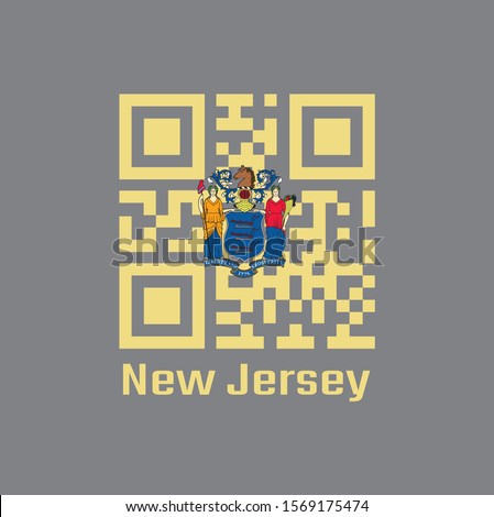 QR code set the color of New Jersey flag. The states of America, the state coat of arms on buff color. text: New Jersey.