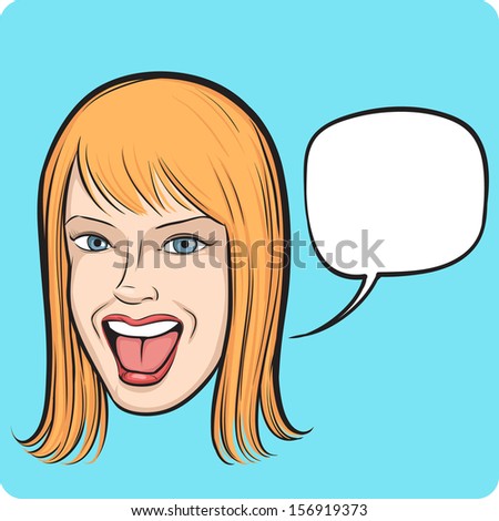 Vector illustration of laughing young woman with speech bubble. Easy-edit layered vector EPS10 file scalable to any size without quality loss. High resolution raster JPG file is included. 