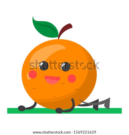 Orange fruit training vector isolated. Citrus food cartoon character with face doing sport in the gym. Yoga stretch. Healthy lifestyle, fitness and diet.