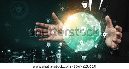 Cyber Security and Digital Data Protection Concept. Icon graphic interface showing secure firewall technology for online data access defense against hacker, virus and insecure information for privacy.