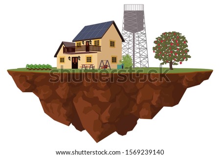 A flying island with a private house in full self-sufficiency. Two-storey house with an autonomous system of energy and water supply, an apple tree and a small garden. Isolated on a white background.