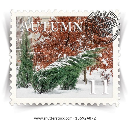Label for seasonal products ads or calendars stylized as vintage post stamp (November - 11 of 12 set)
