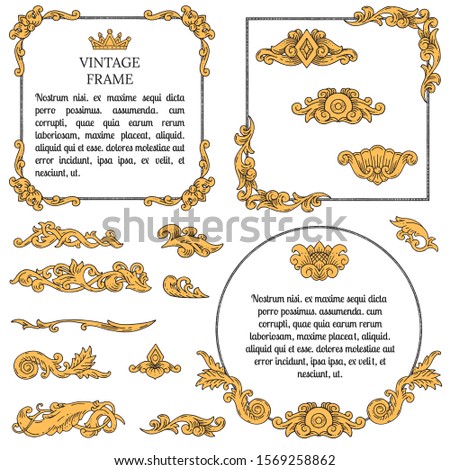Fabulous frames and elements for menu pages, books, cards, invitations. Vintage text decoration ornaments. Hand drawn, sketches. Historic, Victorian style. Design of fairy tales, legends Royalty-Free Stock Photo #1569258862