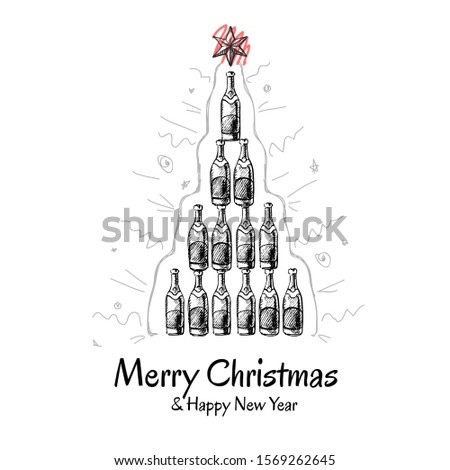 Christmas greeting card with pyramid of champagne bottles. Abstract Christmas tree