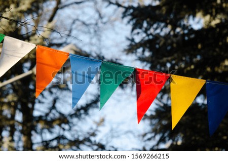 A line of holiday flags hanging on a background of trees. Festival flags in the park. The city is getting ready for the celebration.