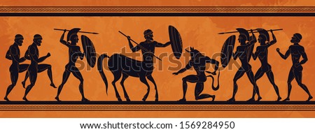 Ancient Greece scene. Historic mythology silhouettes with gods and centaurs, figures and pattern for ancient amphora. Vector mythological image art ancients amphoras ornaments Royalty-Free Stock Photo #1569284950