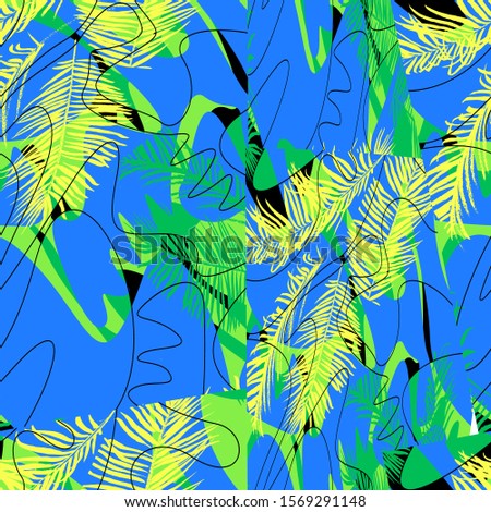 Seamless abstract chaotic pattern with curved shapes, tropic leaves.