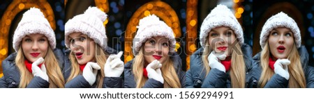 Set of outdoor closeup images with pleased blonde woman celebrating Christmas 