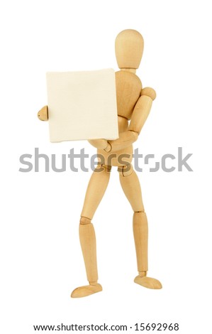  A wooden figurine holding a white  canvas