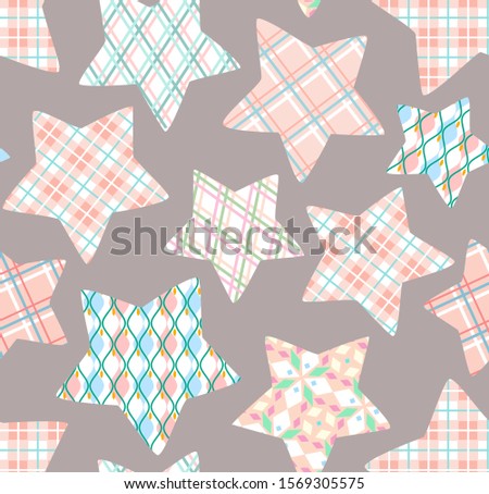 Pink checkered stars, seamless pattern, gray, vector. Pink checkered stars on a gray field. Vintage decor. Textile print. 
