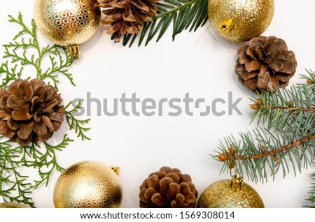 frame of green twigs with Christmas balls