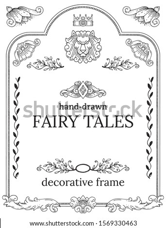 Vector frame for menu cover, fairy tale book, vintage page design. Creative design in historical decorative style. Fabulous frame with elements of ornament. Hand drawn illustration Royalty-Free Stock Photo #1569330463