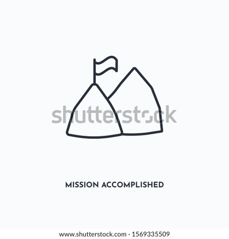 mission accomplished,  flag on mountain outline icon. Simple linear element illustration. Isolated line mission accomplished icon on white background. Thin stroke sign can be used for web, mobile and UI.