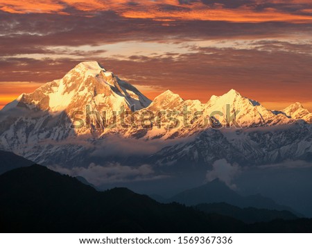 Mount Dhaulagiri, evening sunset view of mount Dhaulagiri, Himalayas, Nepal Royalty-Free Stock Photo #1569367336