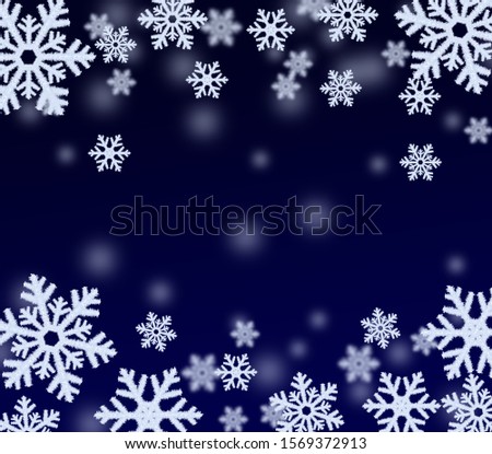 Dark blue night sky background with snowflakes and place for text.